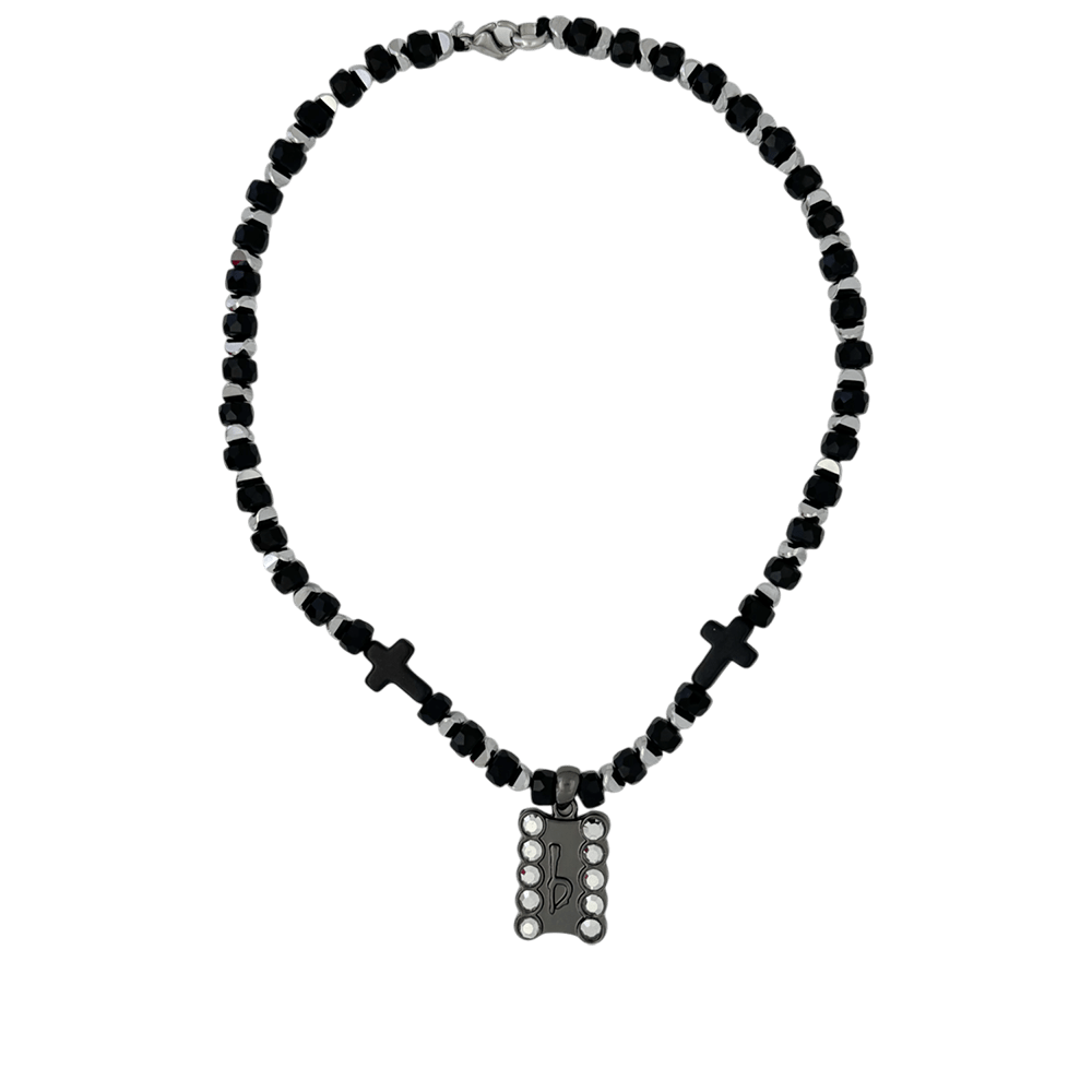 b.b. Simon ‘b’ Logo Black Beaded Necklace-Chrome-Silver - Dudes Boutique
