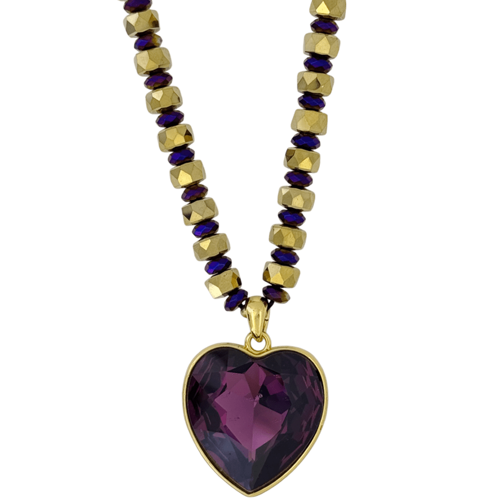 b.b. Simon Heart Crystal Necklace –Purple/Amethyst-Gold - Dudes Boutique