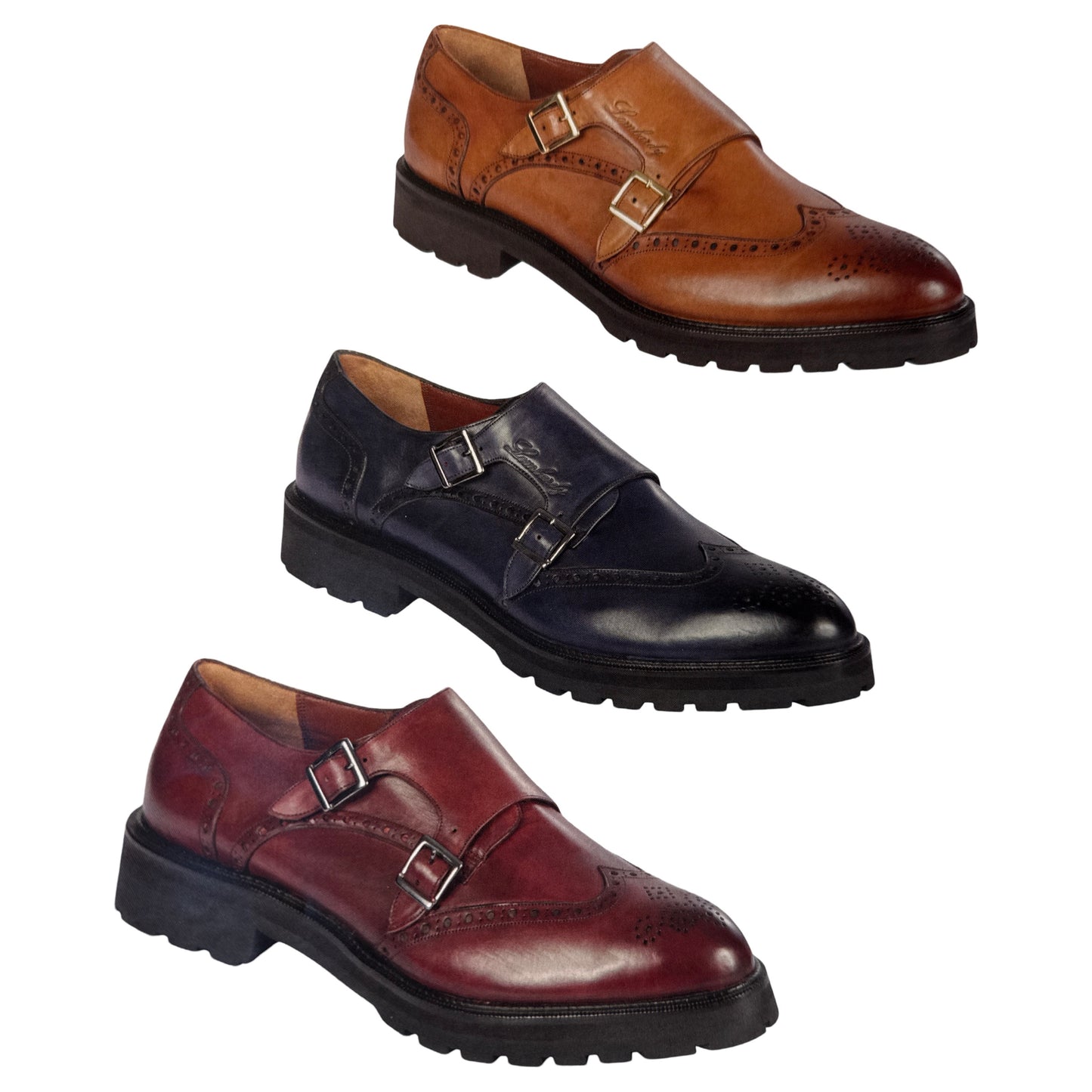 Lombardy Calfskin Wingtip Double Monk Strap Dress Shoes - Dudes Boutique