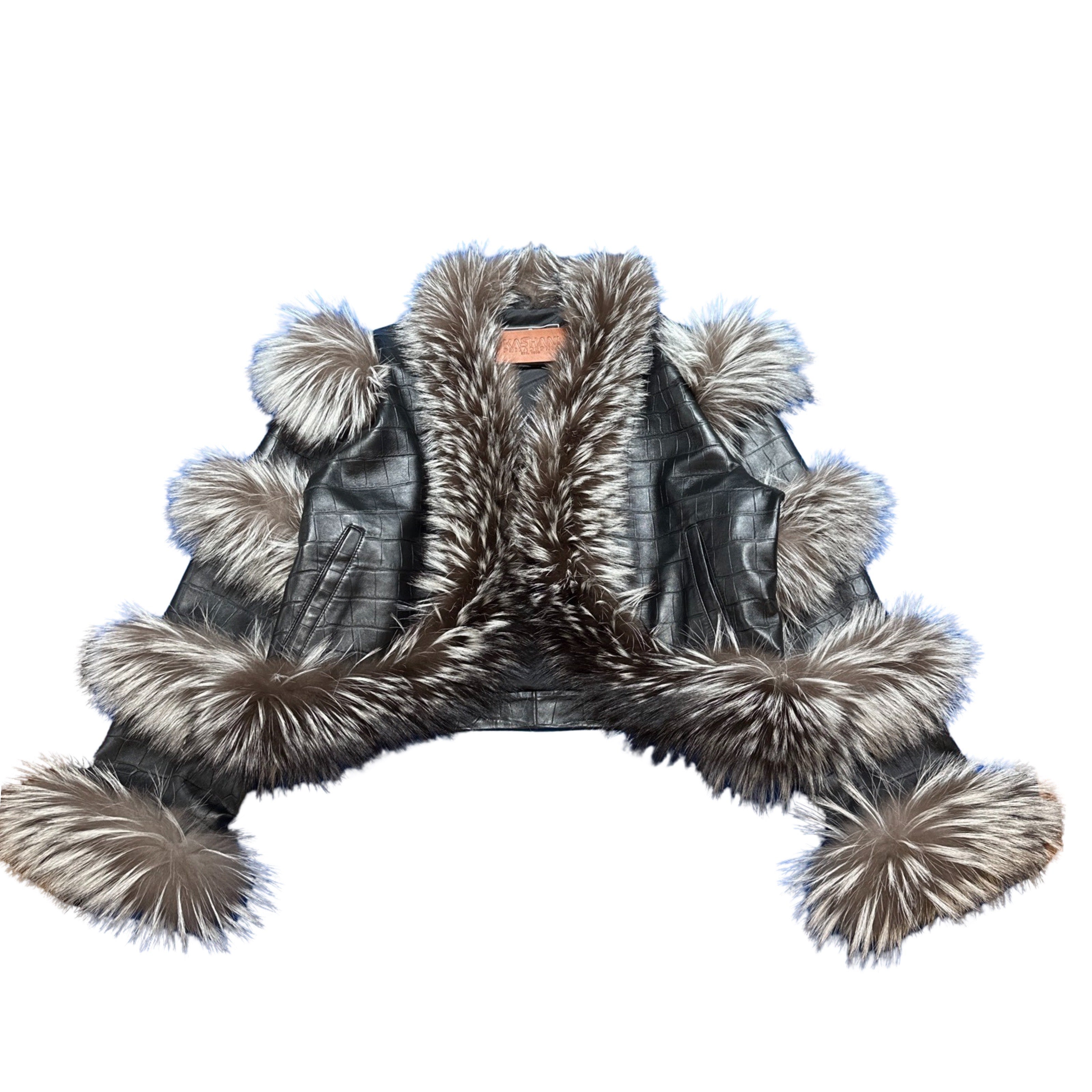 Kashani Women's Black Embossed Alligator Silver Fox Fur Cropped Jacket - Dudes Boutique