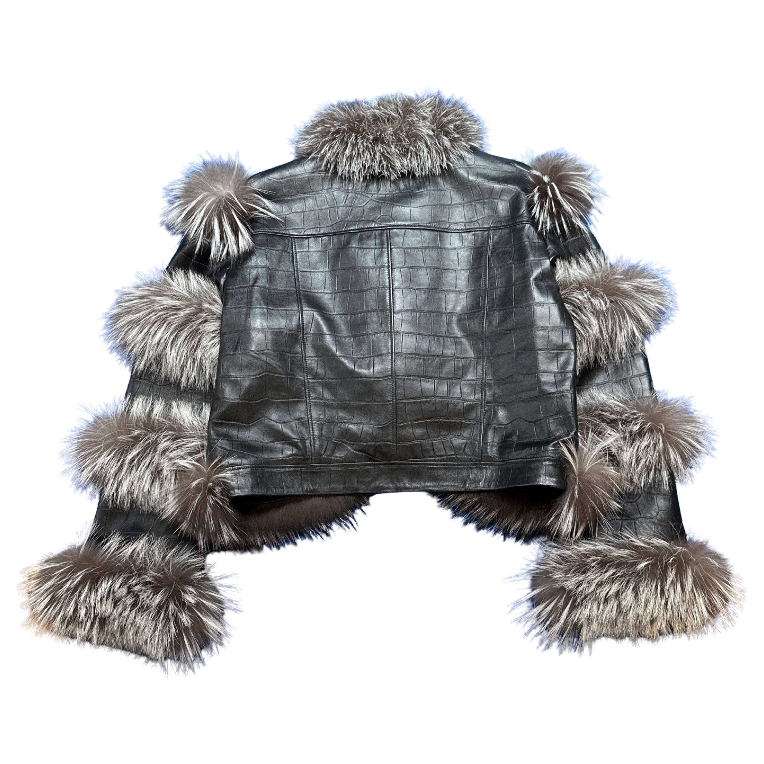 Kashani Women's Black Embossed Alligator Silver Fox Fur Cropped Jacket - Dudes Boutique