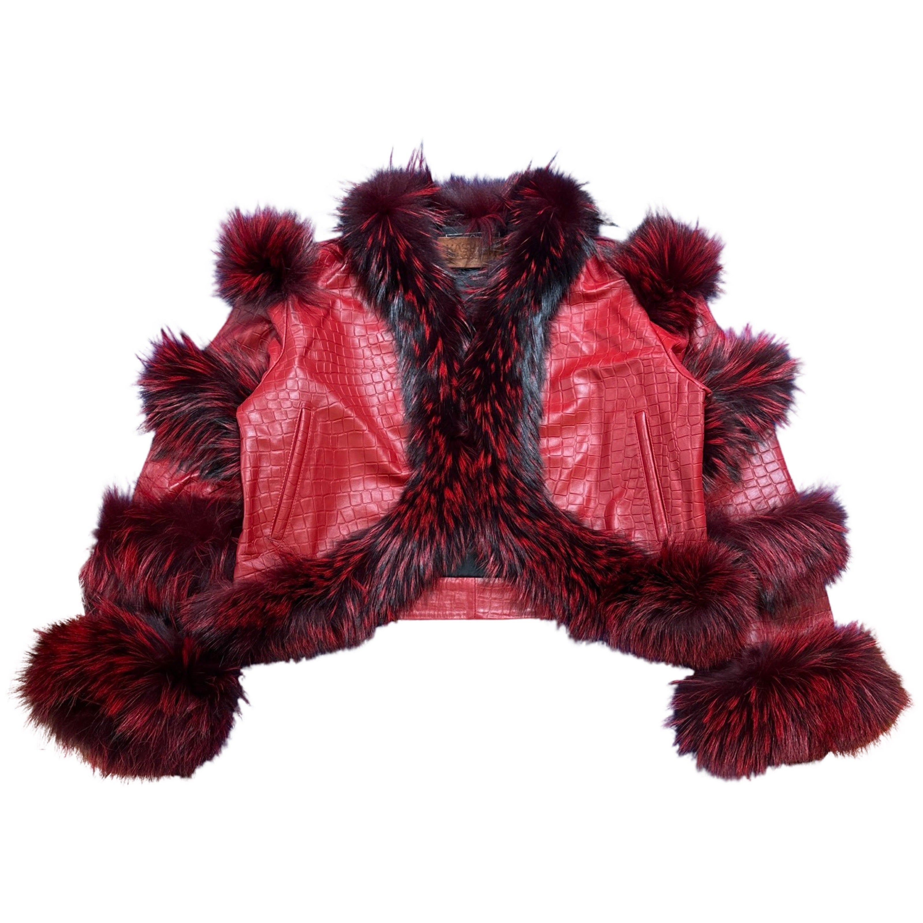 Kashani Women's Red Embossed Alligator Fox Fur Cropped Jacket - Dudes Boutique