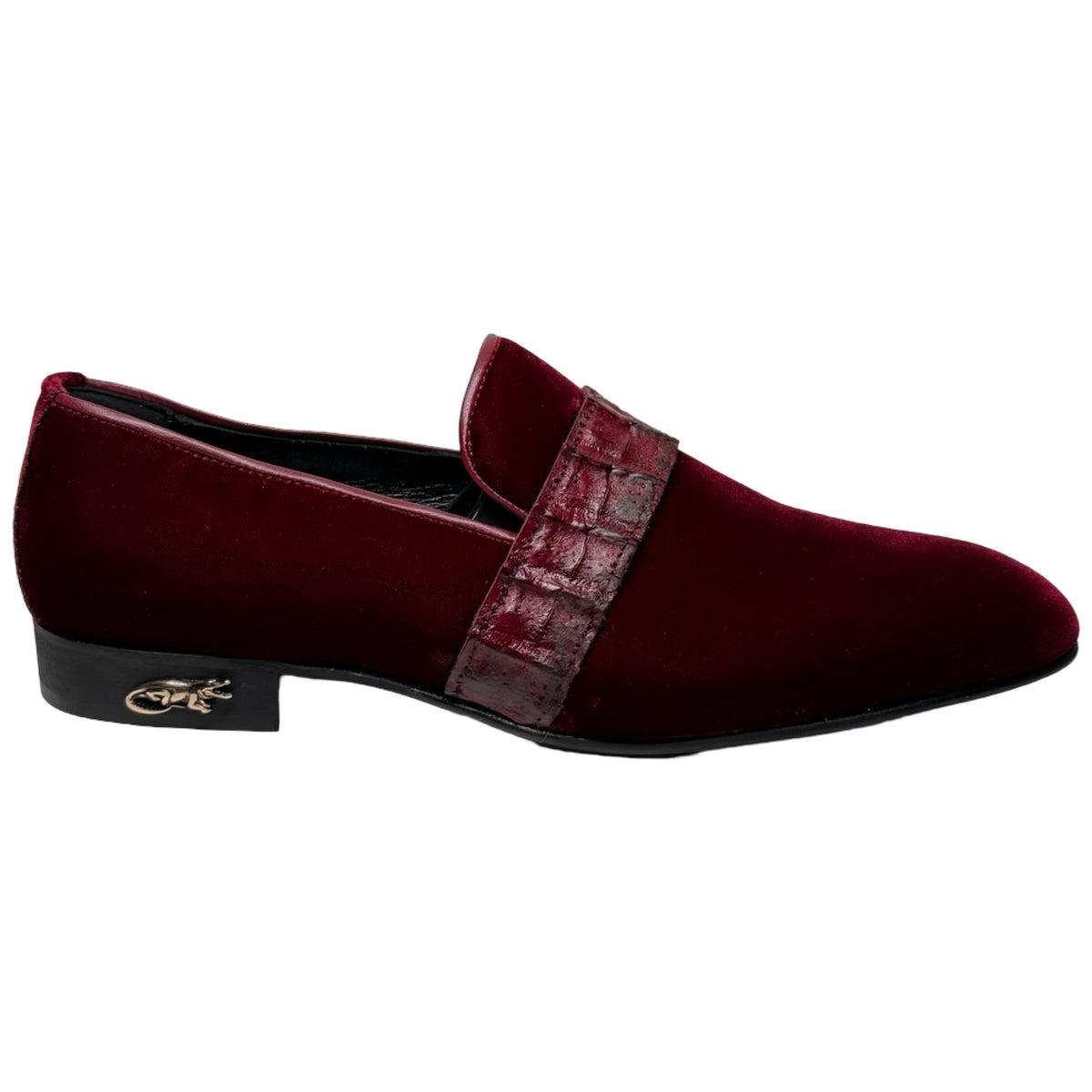 Mauri 4709 burgundy velvet and caiman crocodile loafers