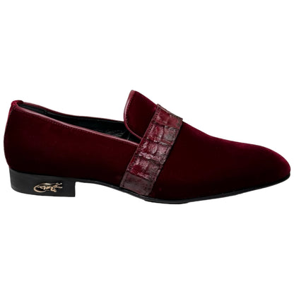 Mauri 4709 burgundy velvet and caiman crocodile loafers