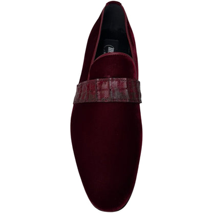 Mauri 4709 burgundy velvet and caiman crocodile loafers