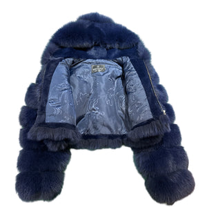 Kashani Women's Blue Fox Fur Cropped Hooded Jacket - Dudes Boutique