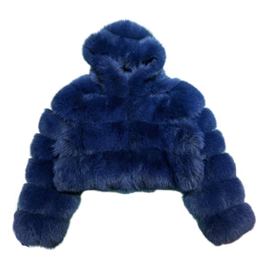 Kashani Women's Blue Fox Fur Cropped Hooded Jacket - Dudes Boutique