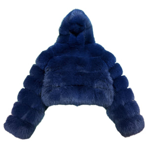 Kashani Women's Blue Fox Fur Cropped Hooded Jacket - Dudes Boutique