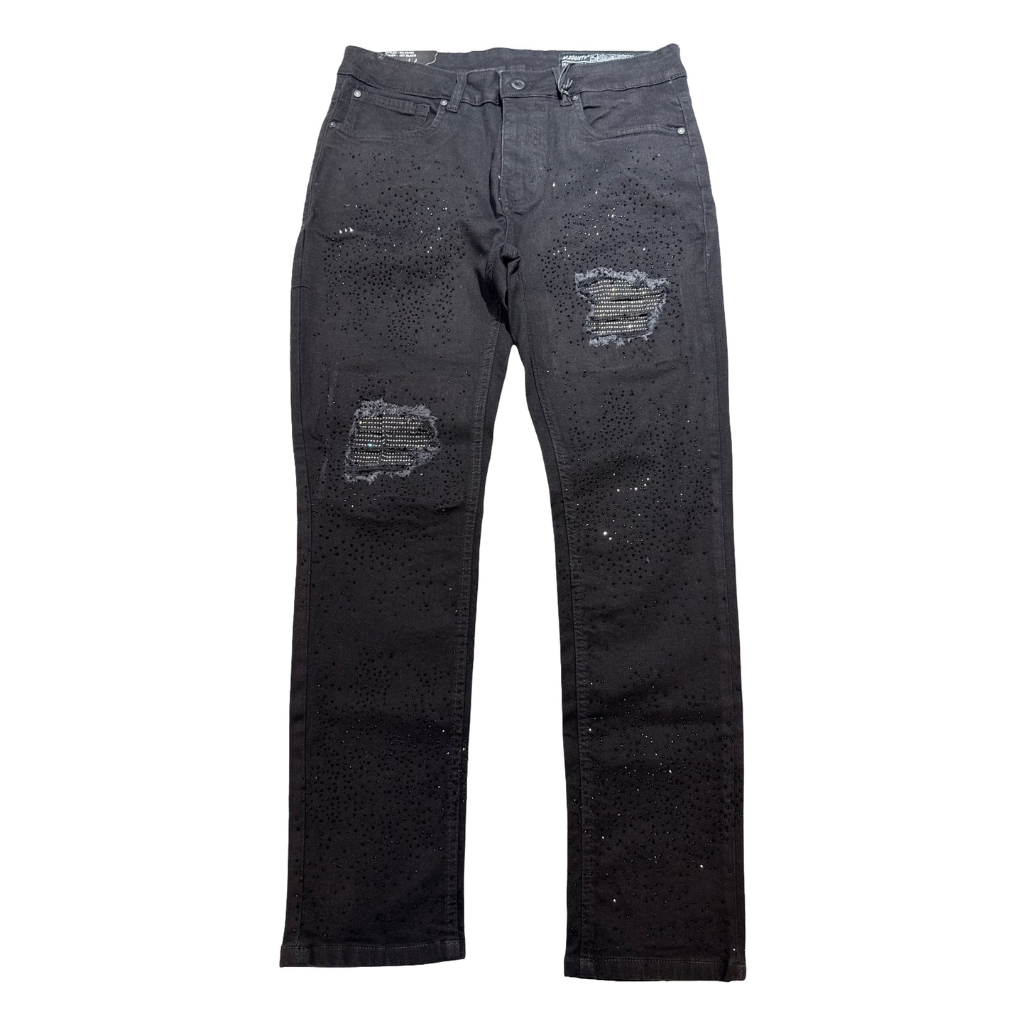 M. Society Men's Black Ripped & Rhinestone Jeans