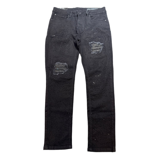M. Society Men's Black Ripped & Rhinestone Jeans