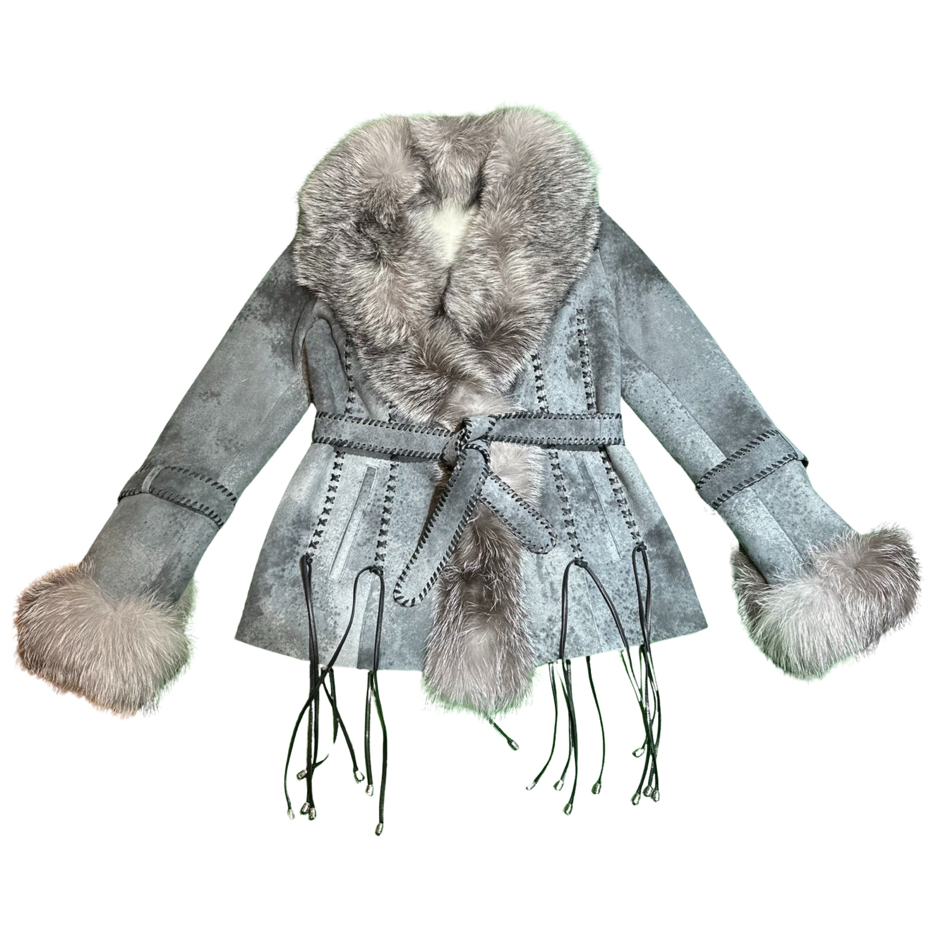 Kashani Women's Grey Hand Woven Silver Fox Fur Shearling Coat - Dudes Boutique