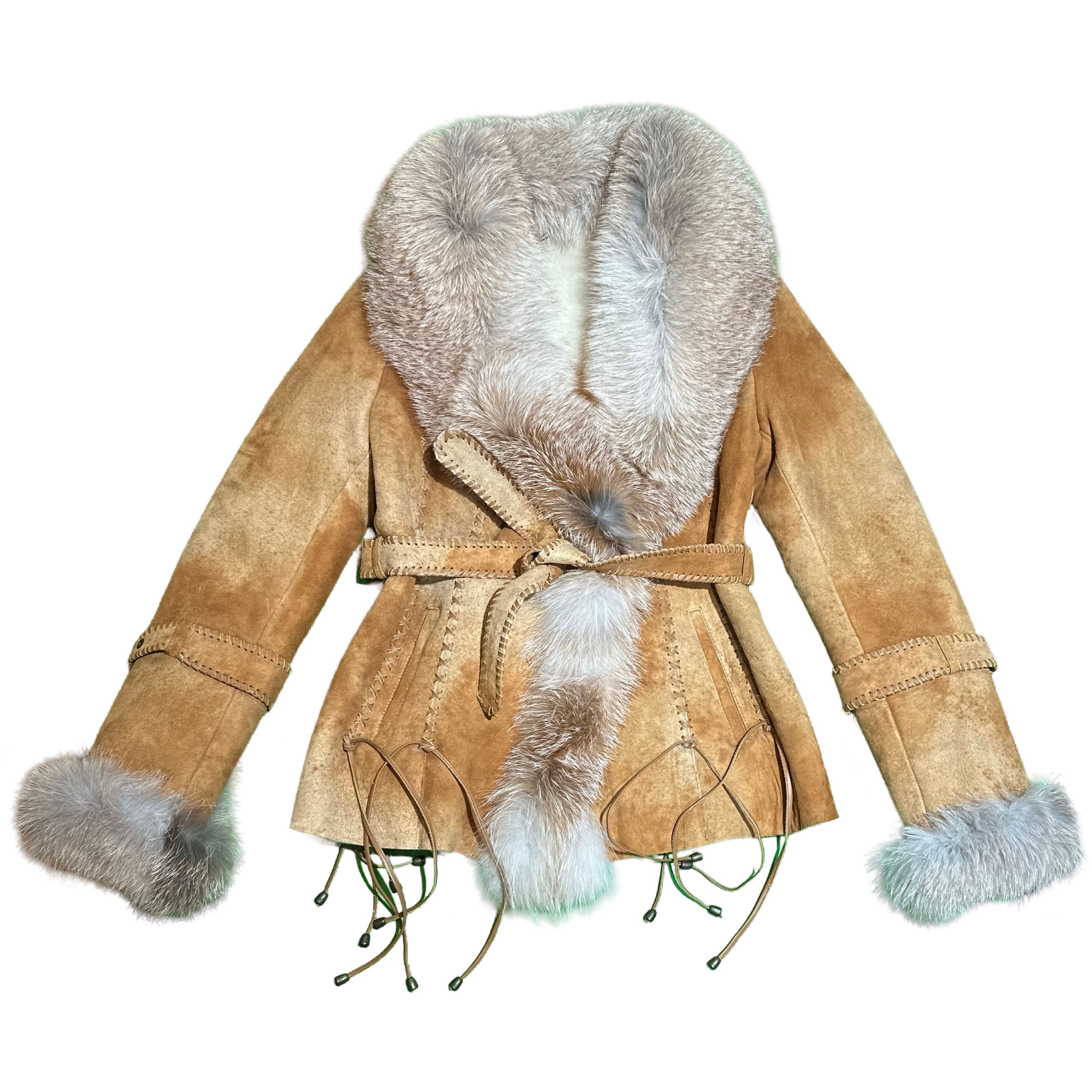 Kashani Women's Tan Hand Woven Crystal Fox Fur Shearling Coat - Dudes Boutique