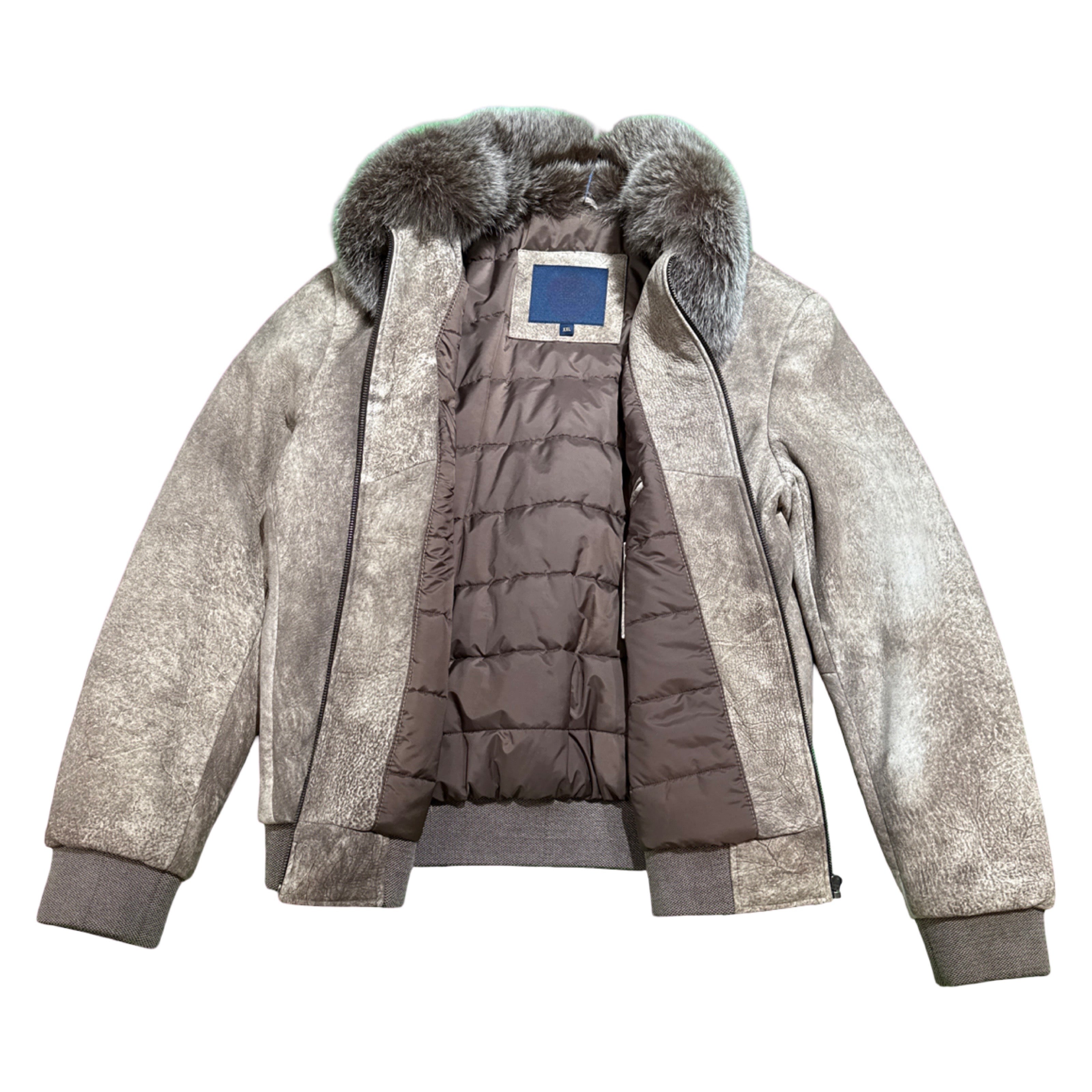Barya NewYork Beige Fox Fur Collar Bomber Jacket