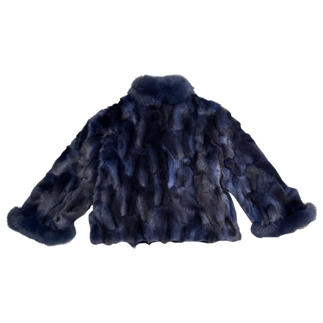 Kashani Ladies Navy Blue Diamond Cut Fox Fur Coat - Dudes Boutique