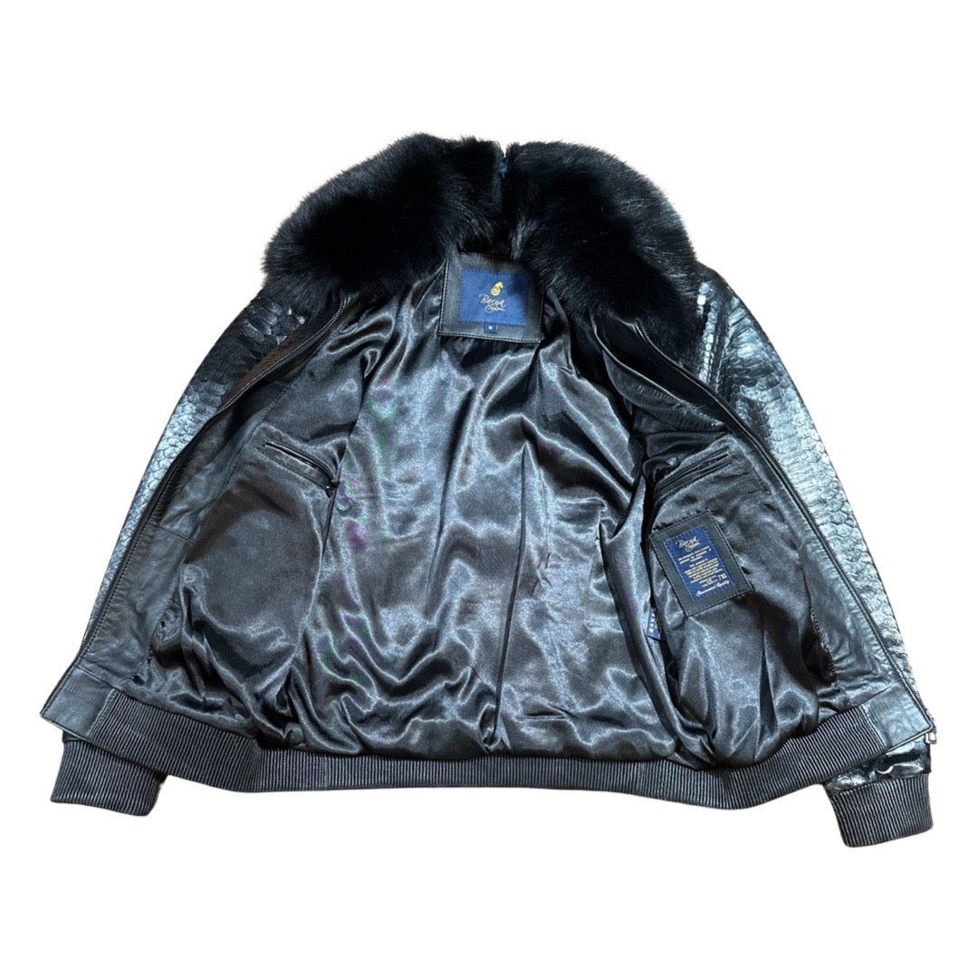 Kashani Black Python Detachable Fox Collar Bomber Jacket - Dudes Boutique