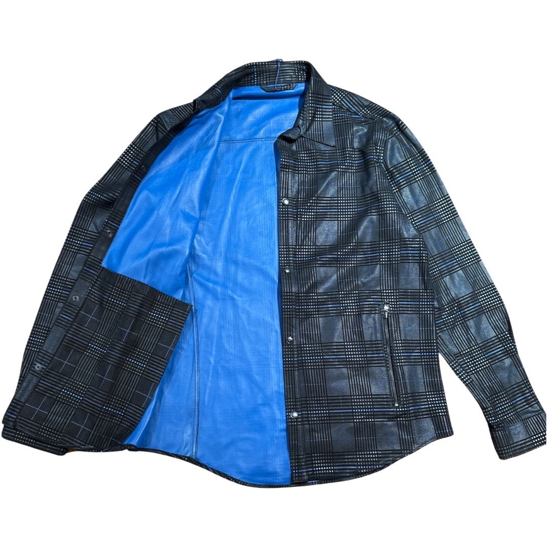 Barya NewYork blue and black plaid suede lambskin shirt