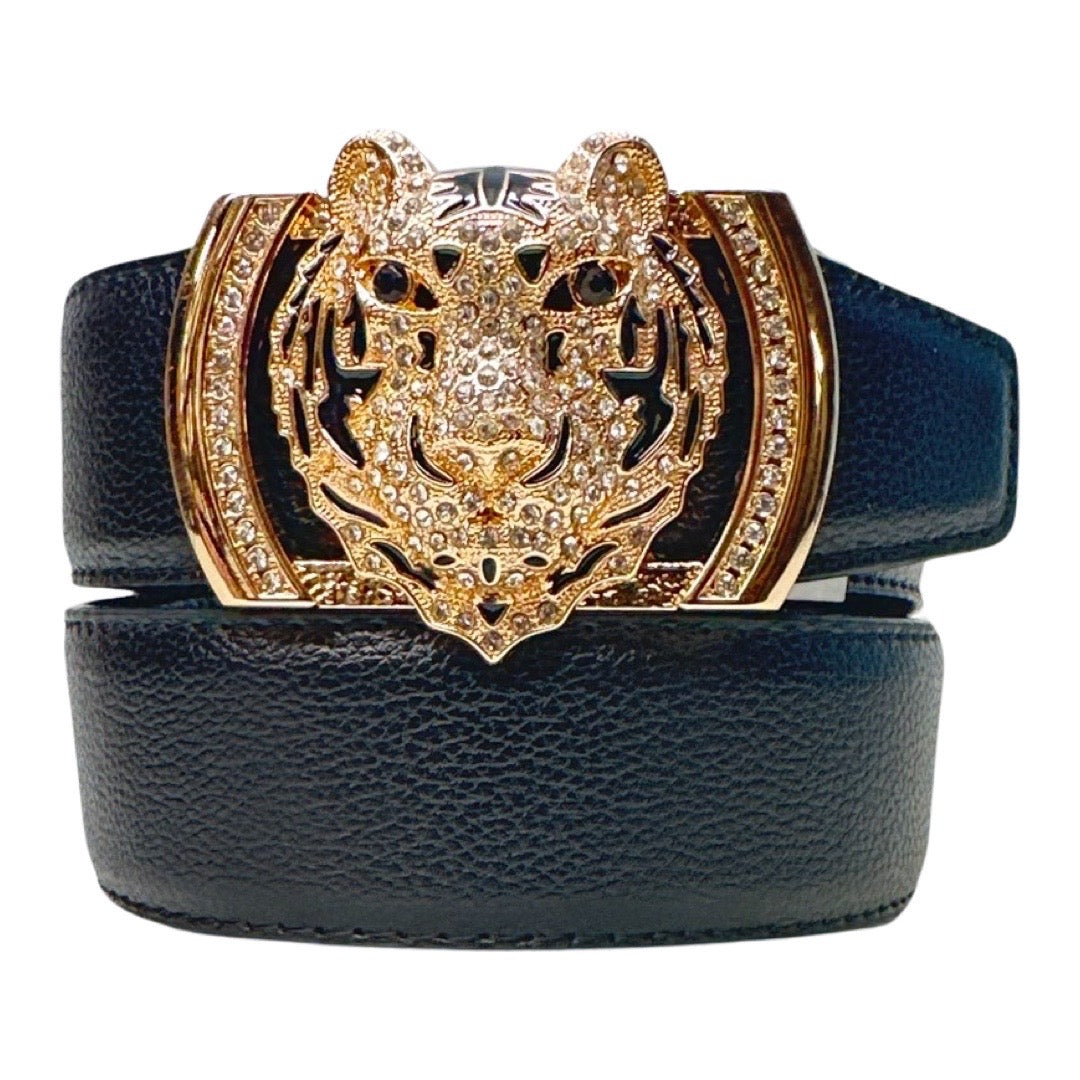 Genovese Italy Gold Tiger Head Black Luxury Leather Belt - Dudes Boutique