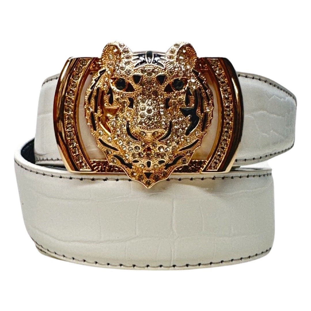Genovese Italy Gold Tiger Head White Crocodile Print Leather Belt - Dudes Boutique