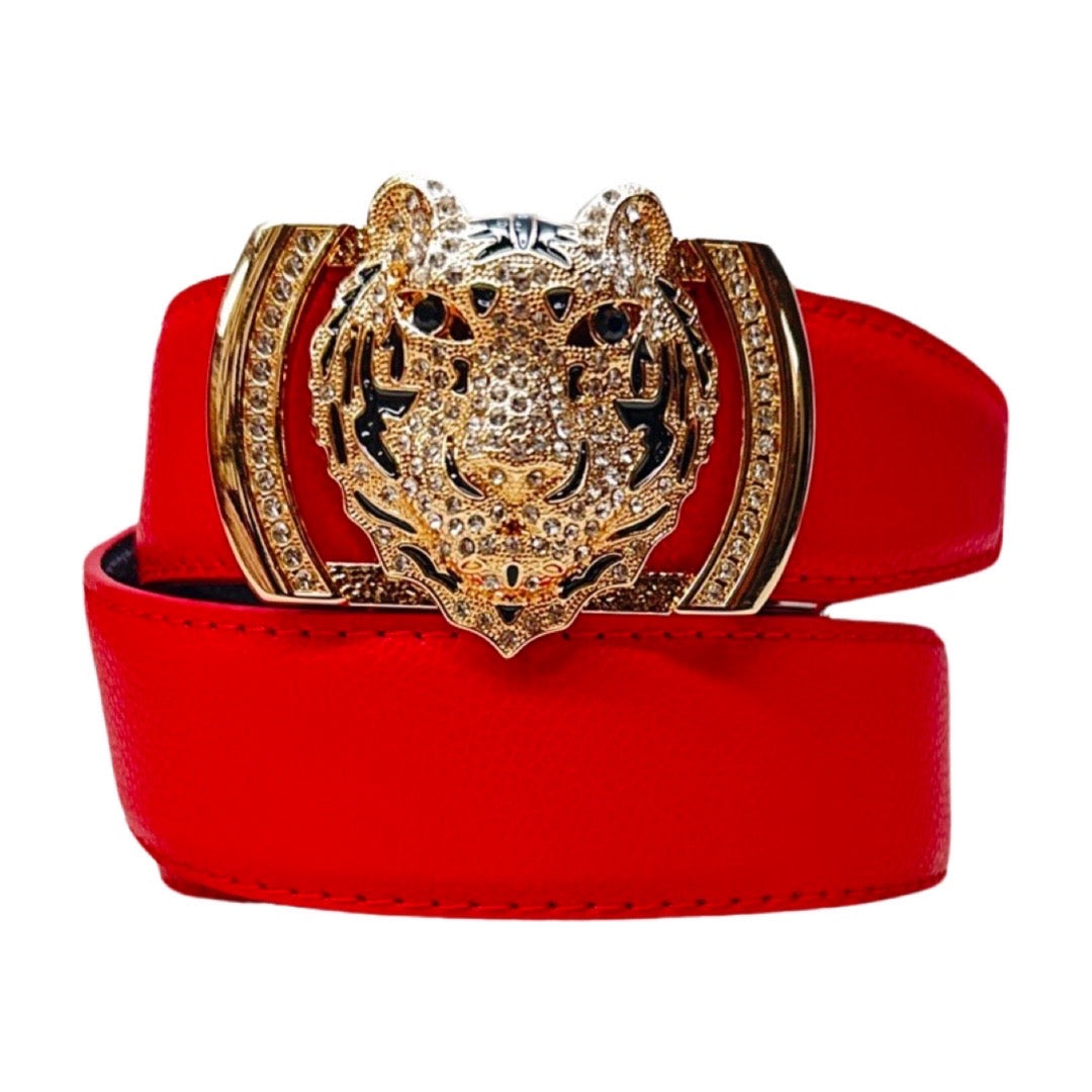 Genovese Italy Gold Tiger Head Red Luxury Leather Belt - Dudes Boutique