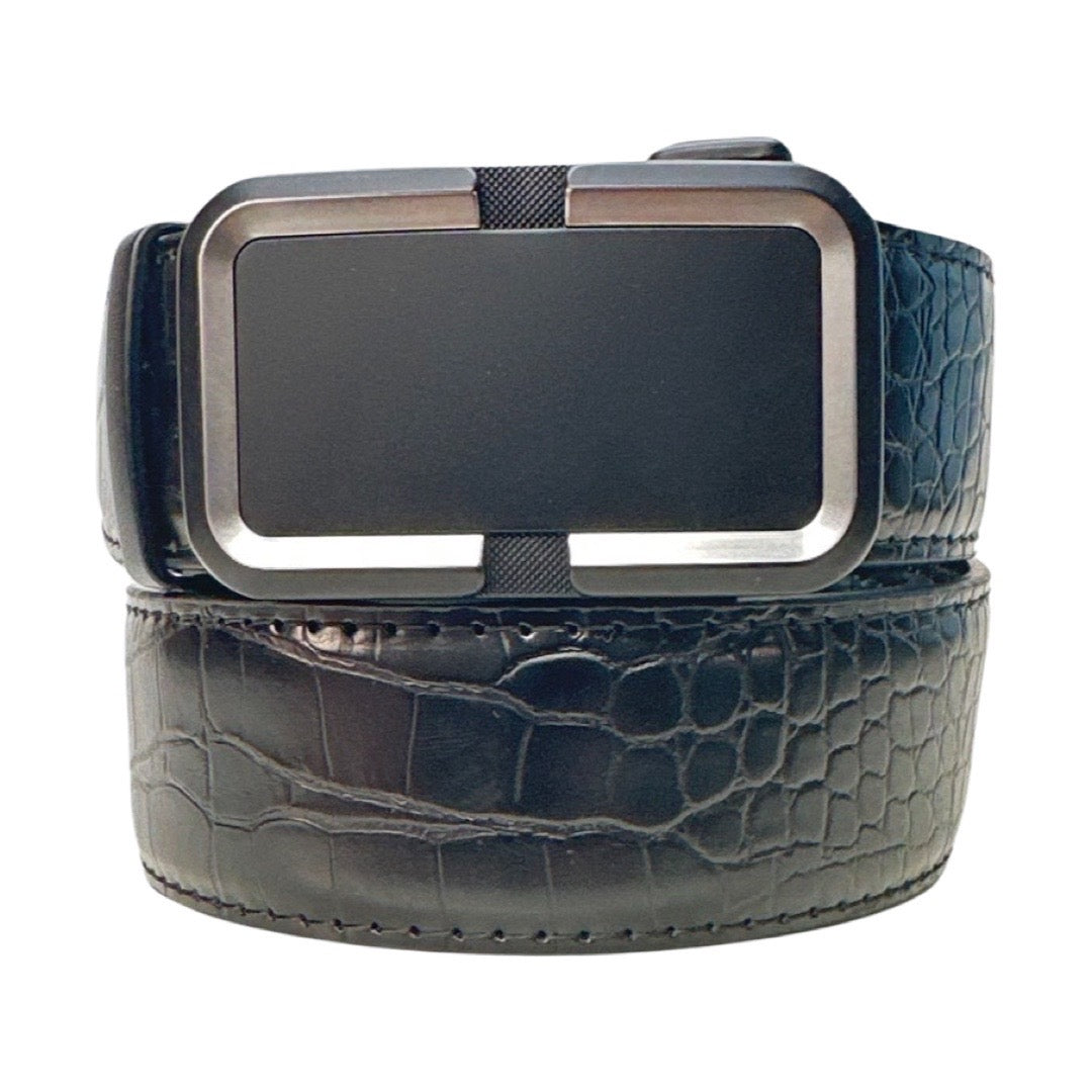 Genovese Italy Minimal Black Crocodile Print Luxury Leather Belt - Dudes Boutique