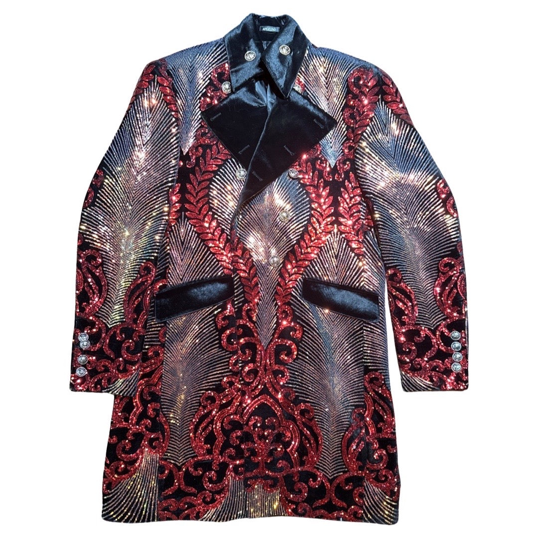 Angelino Red Sequin Double Breasted 3/4 Long Coat - Dudes Boutique