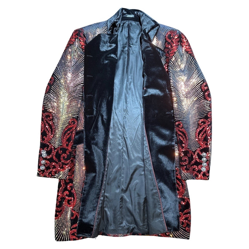 Angelino Red Sequin Double Breasted 3/4 Long Coat - Dudes Boutique