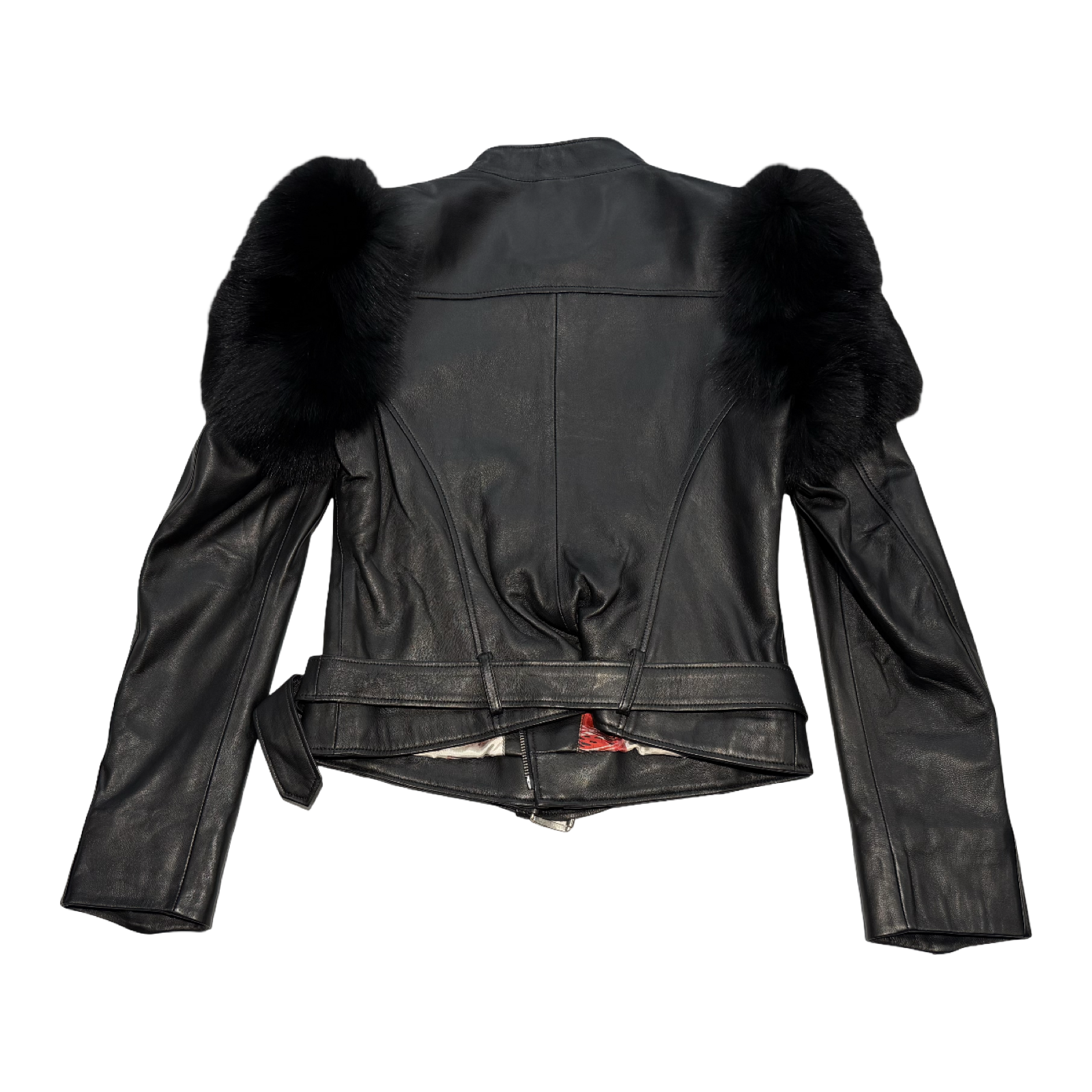 Kashani Women's Black Biker Jacket With Fox Fur Shoulders