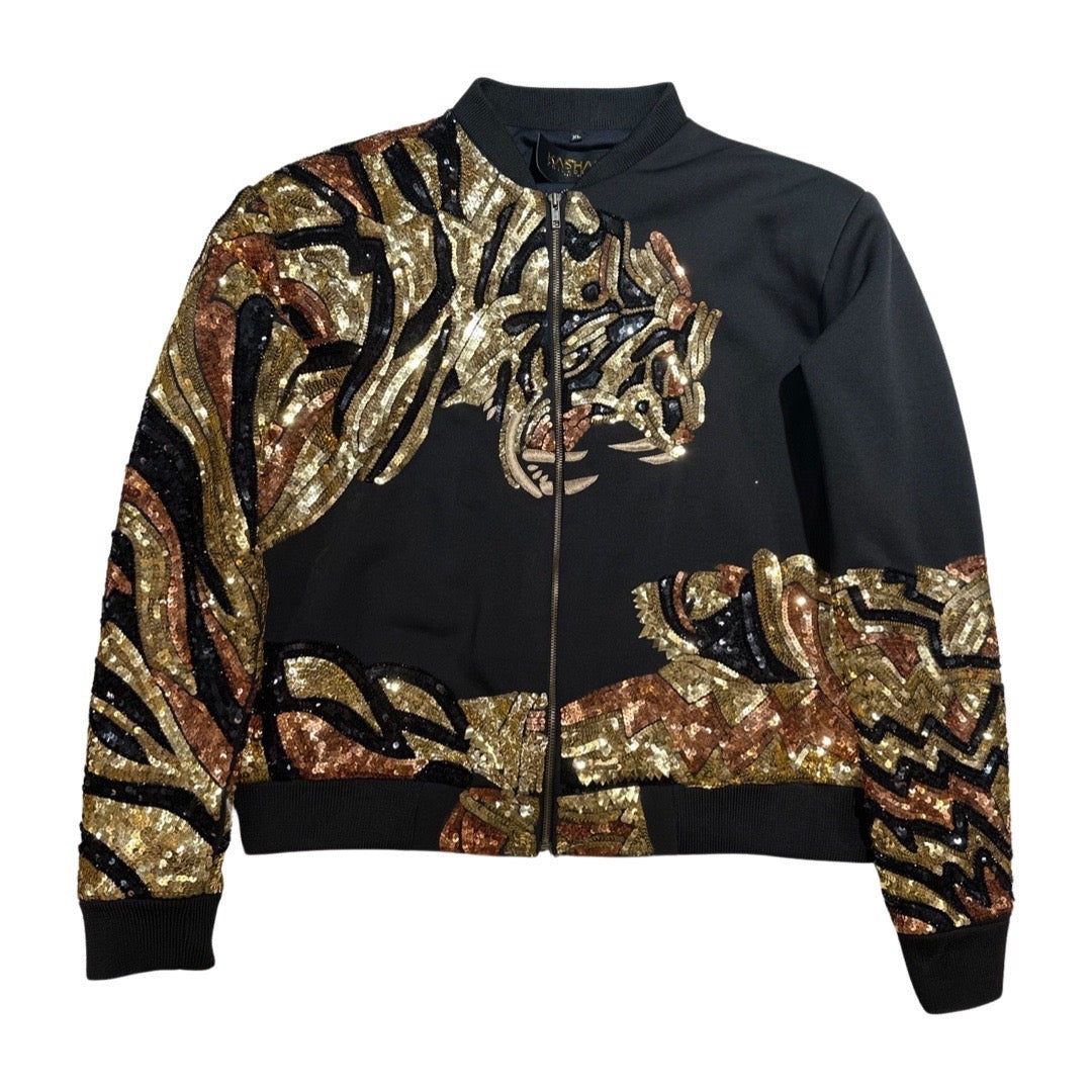 Kashani Hyper 3tone Gold Sequin Tiger Bomber Jacket - Dudes Boutique