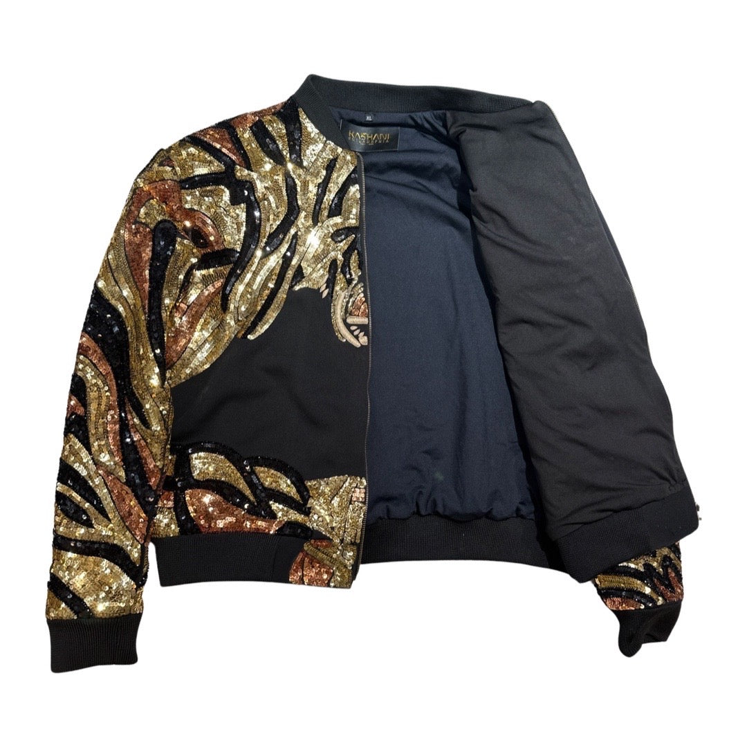 Kashani Hyper 3tone Gold Sequin Tiger Bomber Jacket - Dudes Boutique