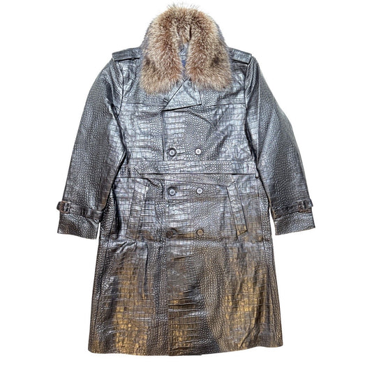 Kashani Black Embossed Alligator Lambskin Leather Trench Coat - Dudes Boutique