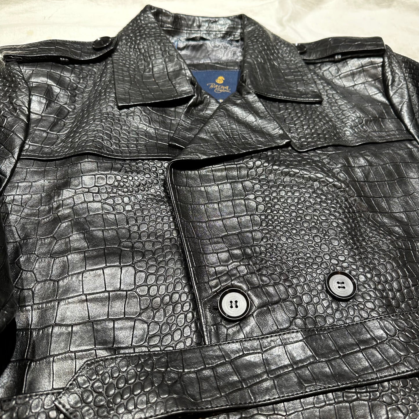 Kashani Black Embossed Alligator Lambskin Leather Trench Coat - Dudes Boutique