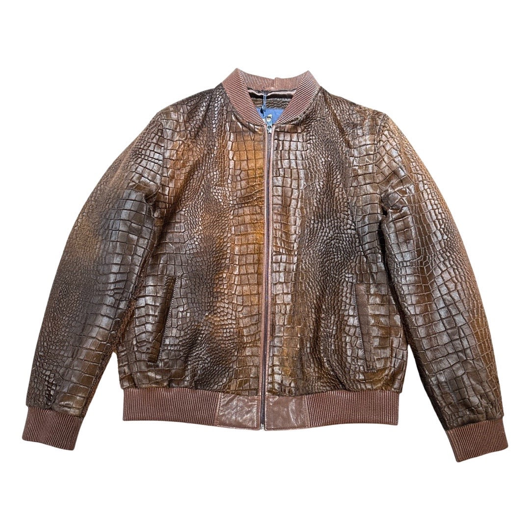 Kashani Chocolate Brown Pony Hair Alligator Print Bomber Jacket - Dudes Boutique