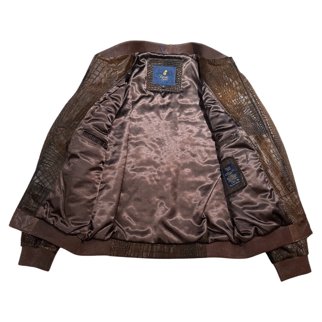 Kashani Chocolate Brown Pony Hair Alligator Print Bomber Jacket - Dudes Boutique