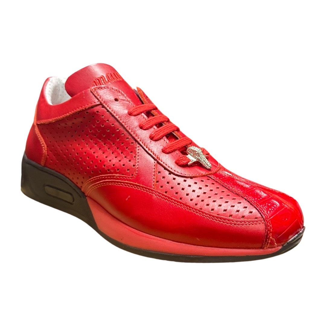 Mauri M770 Red/Black Sole Crocodile Perforated Nappa Leather Sneaker - Dudes Boutique