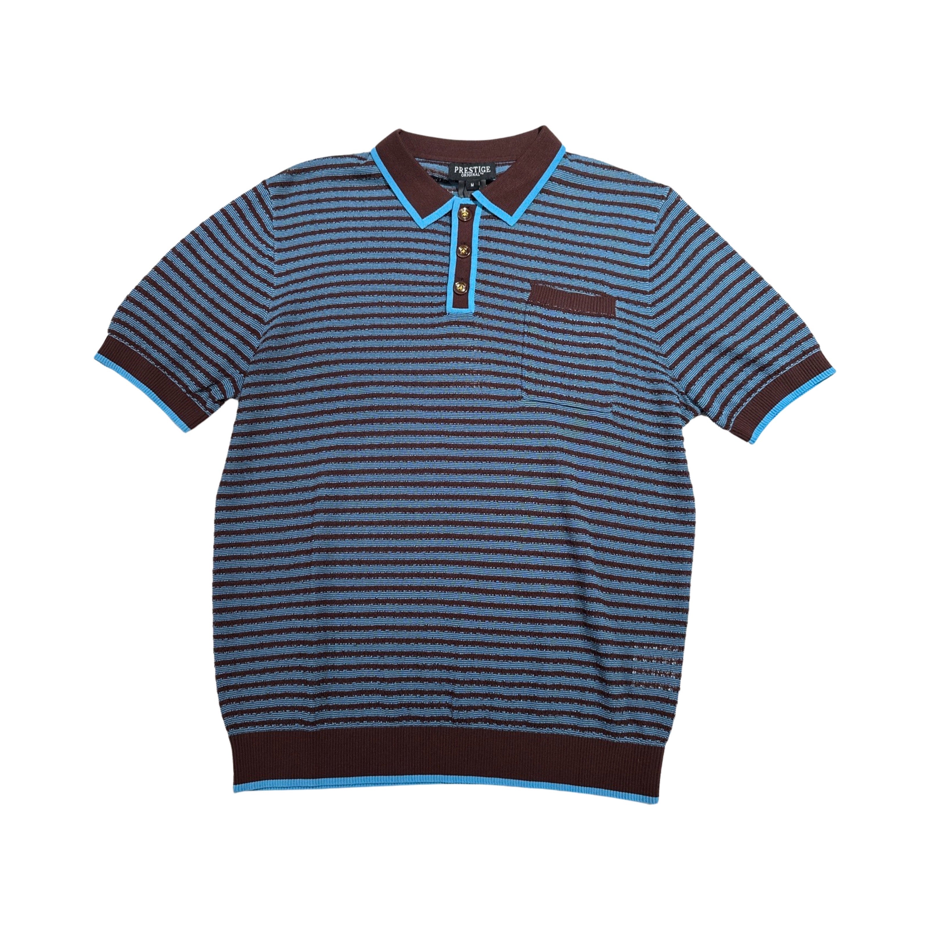 Prestige Brown & Blue Stripe Knit Button Polo Shirt - Dudes Boutique