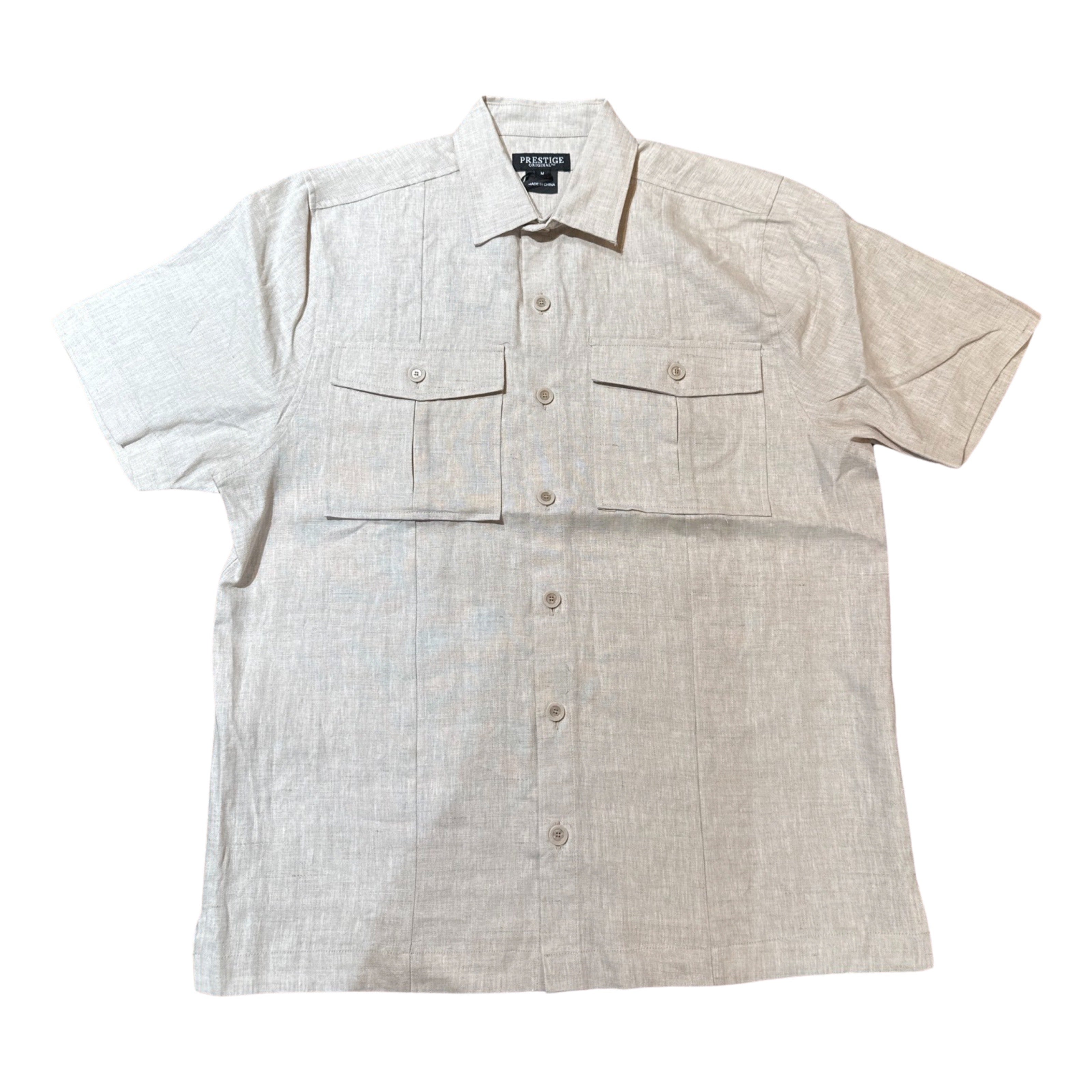 Prestige Oatmeal Double Pocket Button Up Linen Shirt - Dudes Boutique