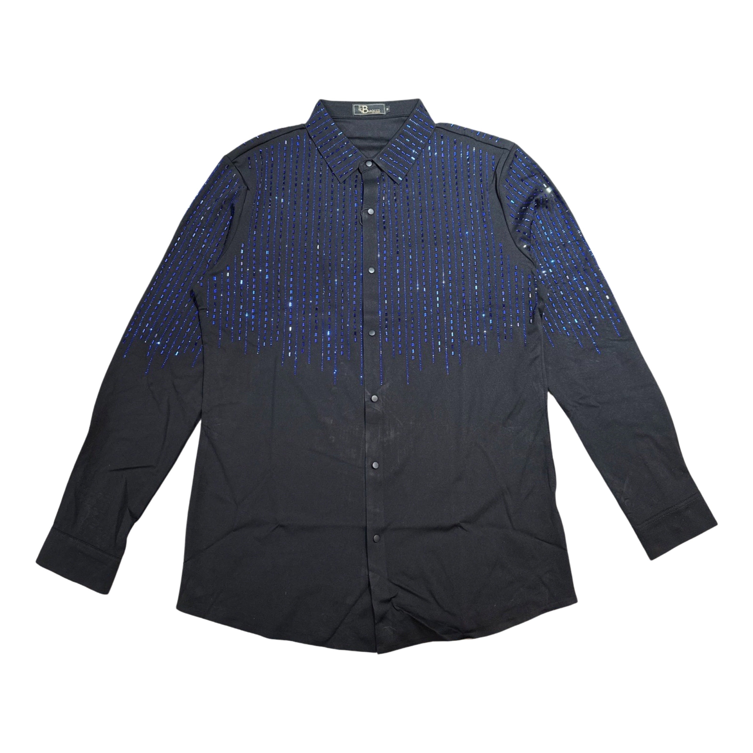 Barocco Black/Blue Crystal Rain Button Up Shirt - Dudes Boutique