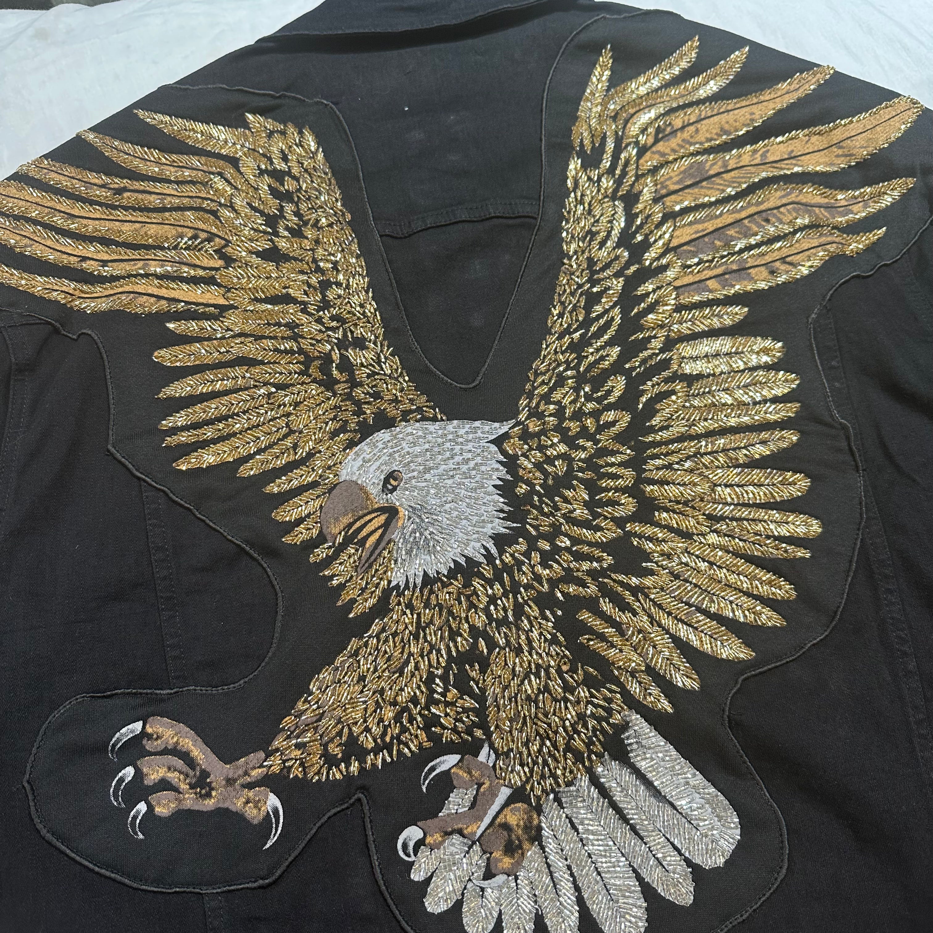 Barocco Eagle Hand Painted Sequin Black Jean Jacket - Dudes Boutique