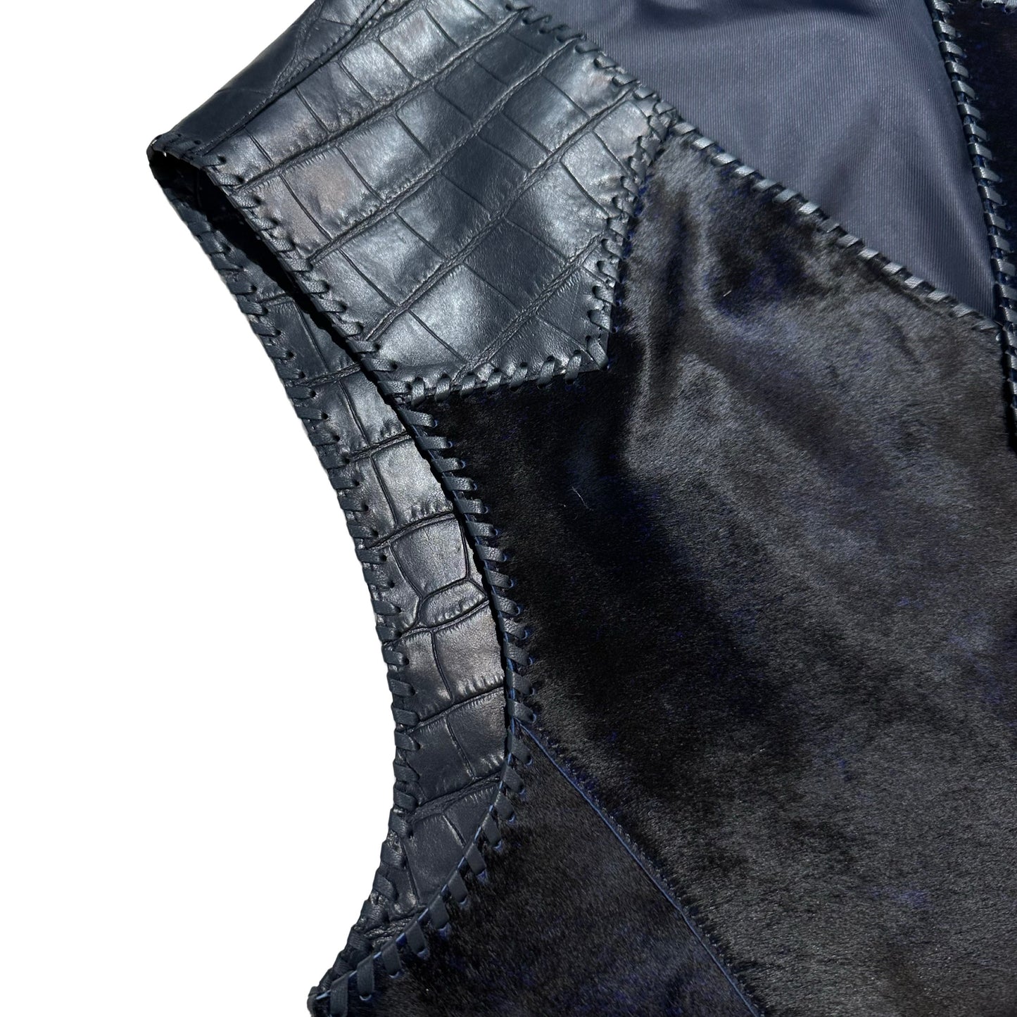 Kashani Navy Cavallino Pony Hair & Alligator Hand Woven Vest - Dudes Boutique