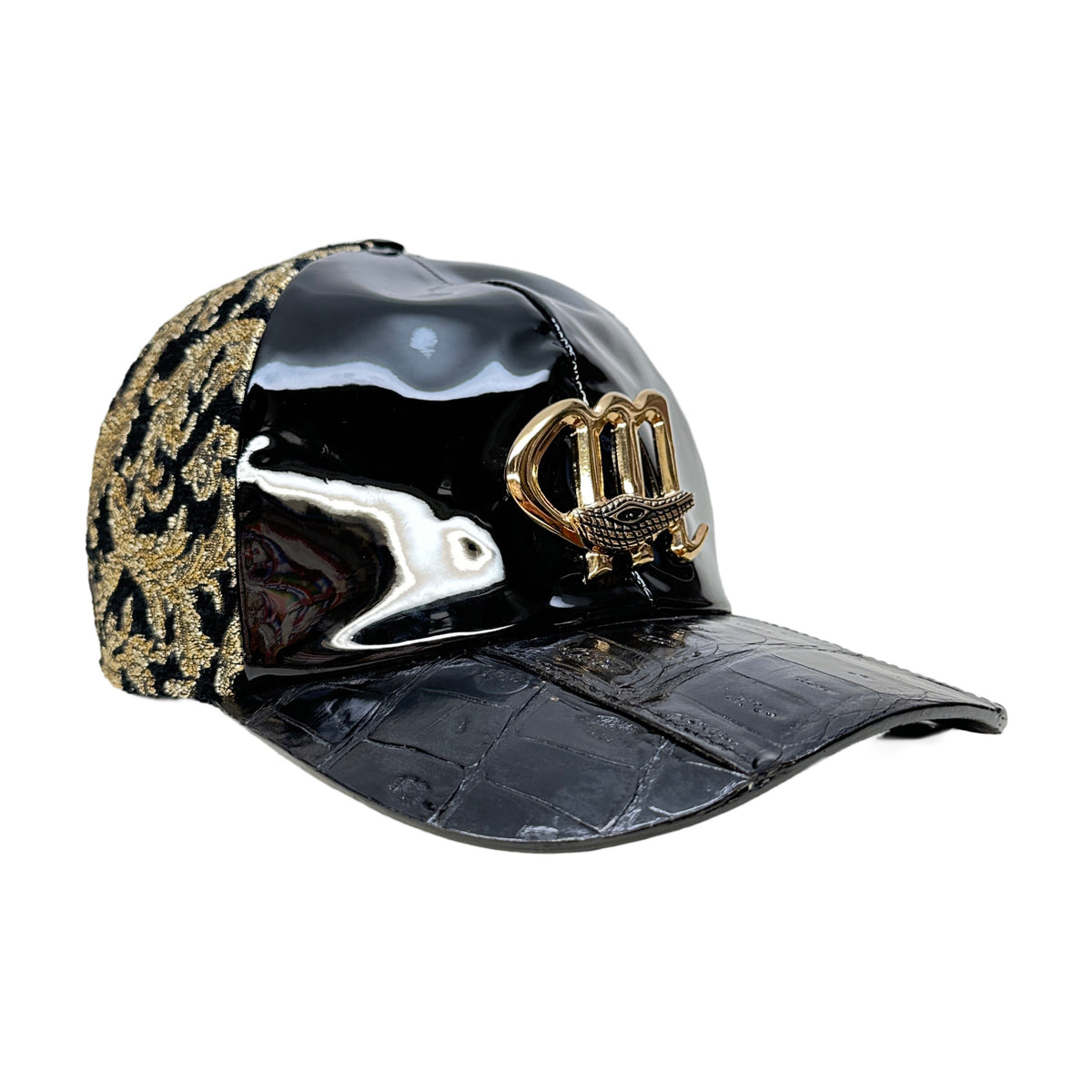 Mauri Black & Gold Fabric Patten Leather Base Ball Hat