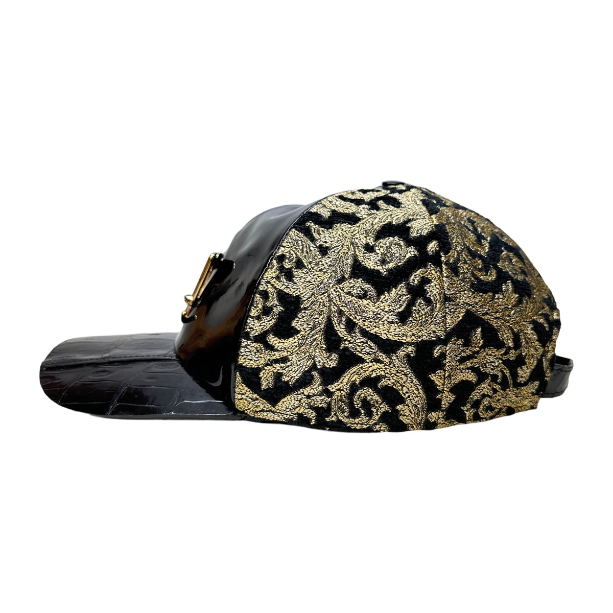 Mauri Black & Gold Fabric Patten Leather Base Ball Hat - Dudes Boutique