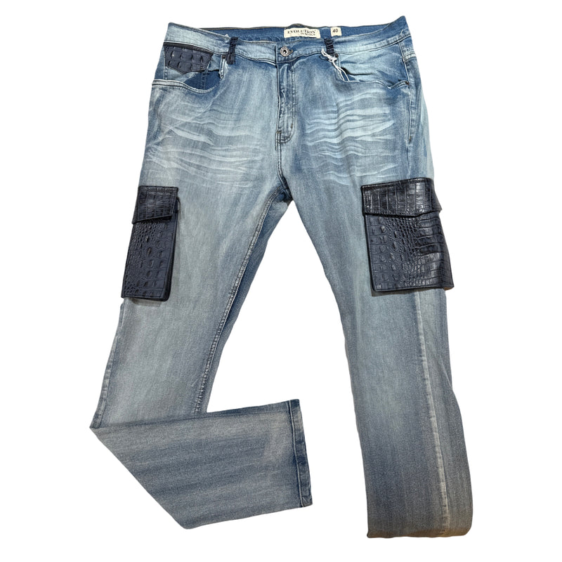 Kashani Denim Cargo Jeans w/ Navy Alligator Embossed Pockets - Dudes Boutique