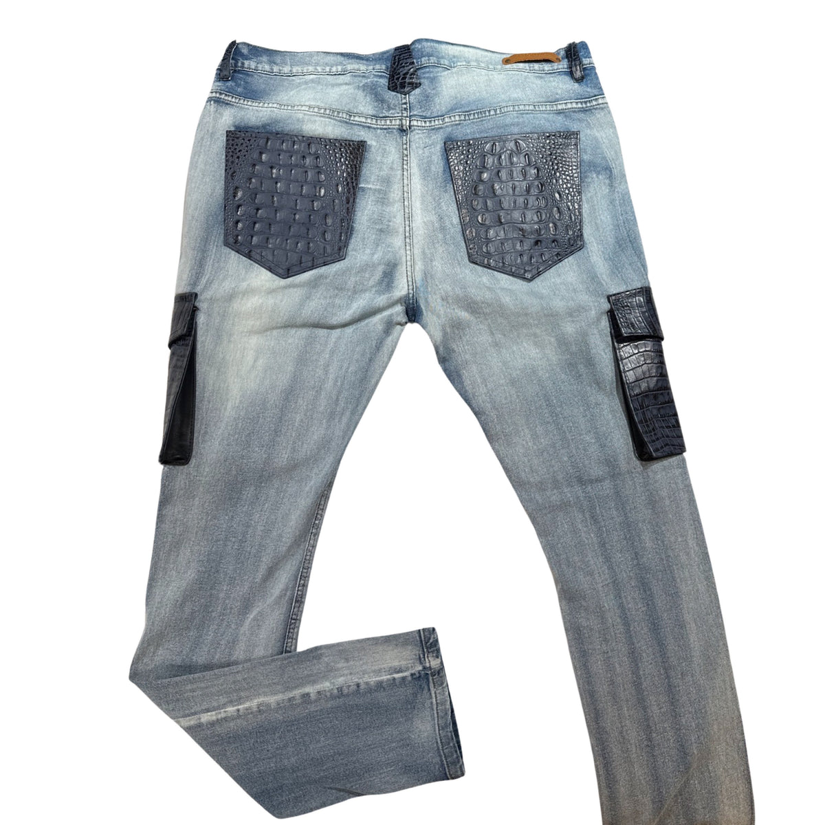 Kashani Denim Cargo Jeans w/ Navy Alligator Embossed Pockets - Dudes Boutique