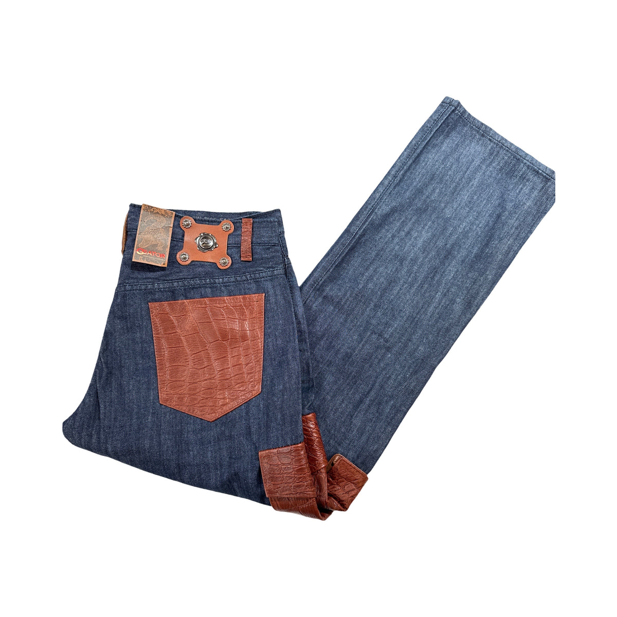 Kashani Denim Cargo Jeans w/ Cognac Alligator Embossed Pockets - Dudes Boutique