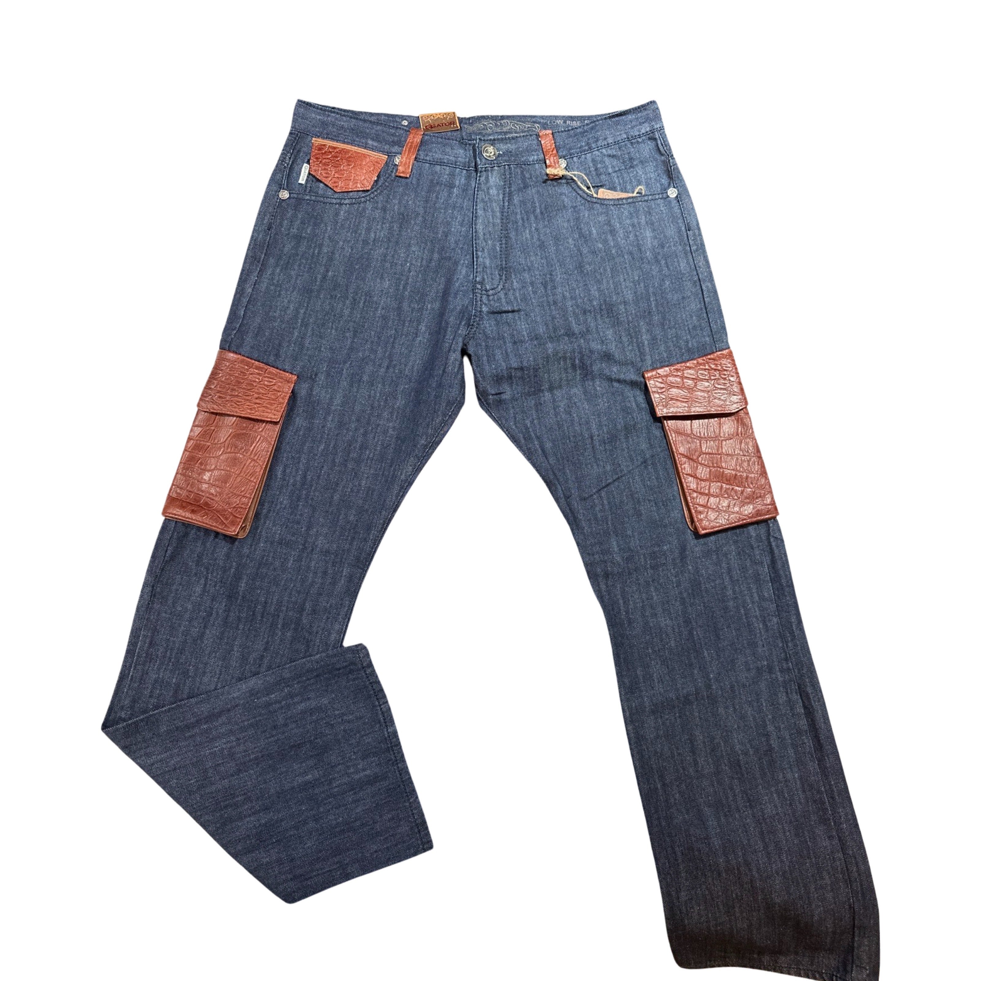 Kashani Denim Cargo Jeans w/ Cognac Alligator Embossed Pockets - Dudes Boutique