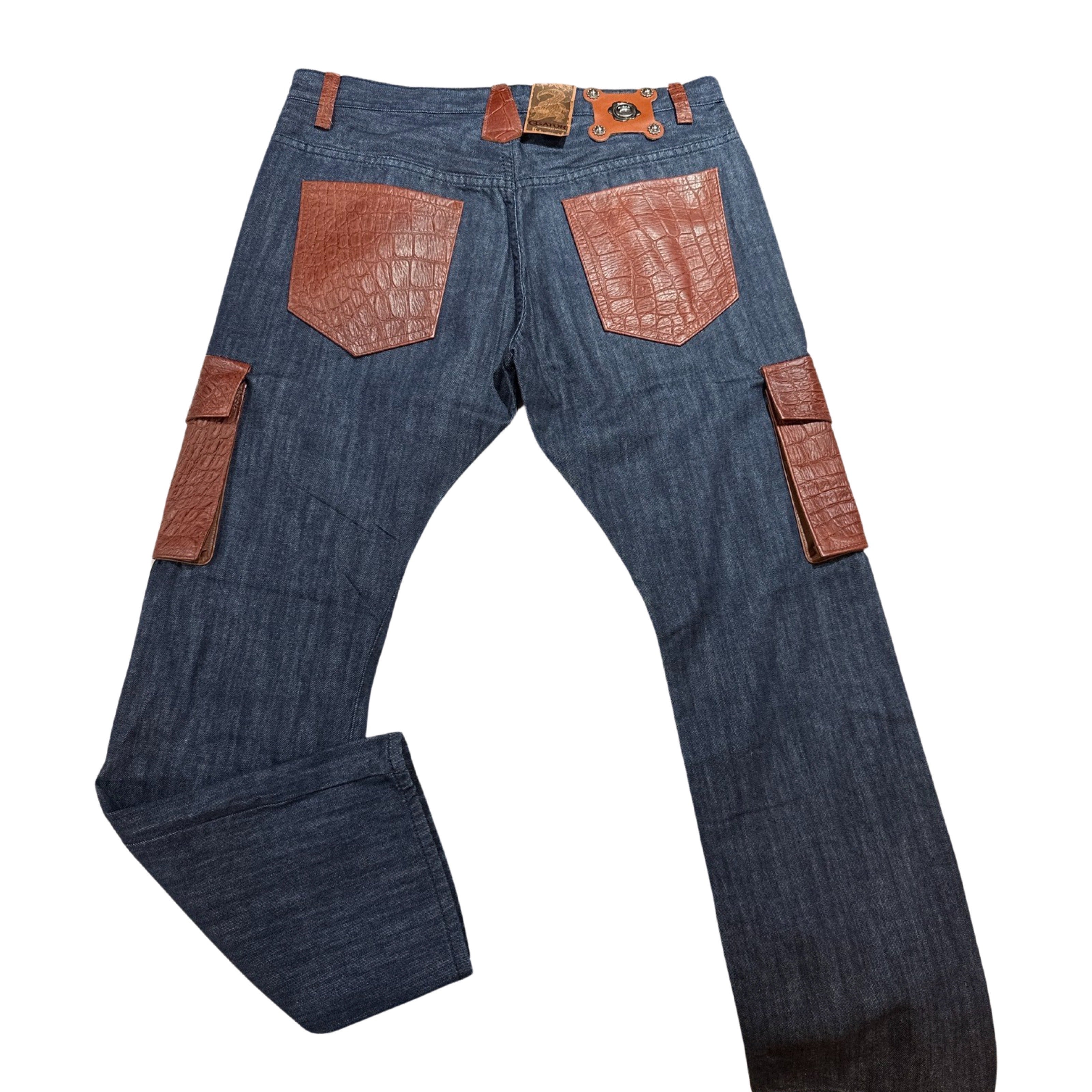 Kashani Denim Cargo Jeans w/ Cognac Alligator Embossed Pockets - Dudes Boutique