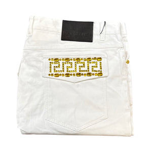 Prestige White Yellow Greek Key Crystal High End Pants - Dudes Boutique