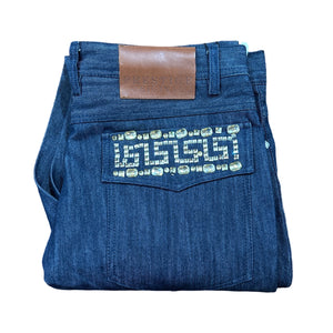 Prestige Denim Blue Greek Key Crystal High End Pants - Dudes Boutique