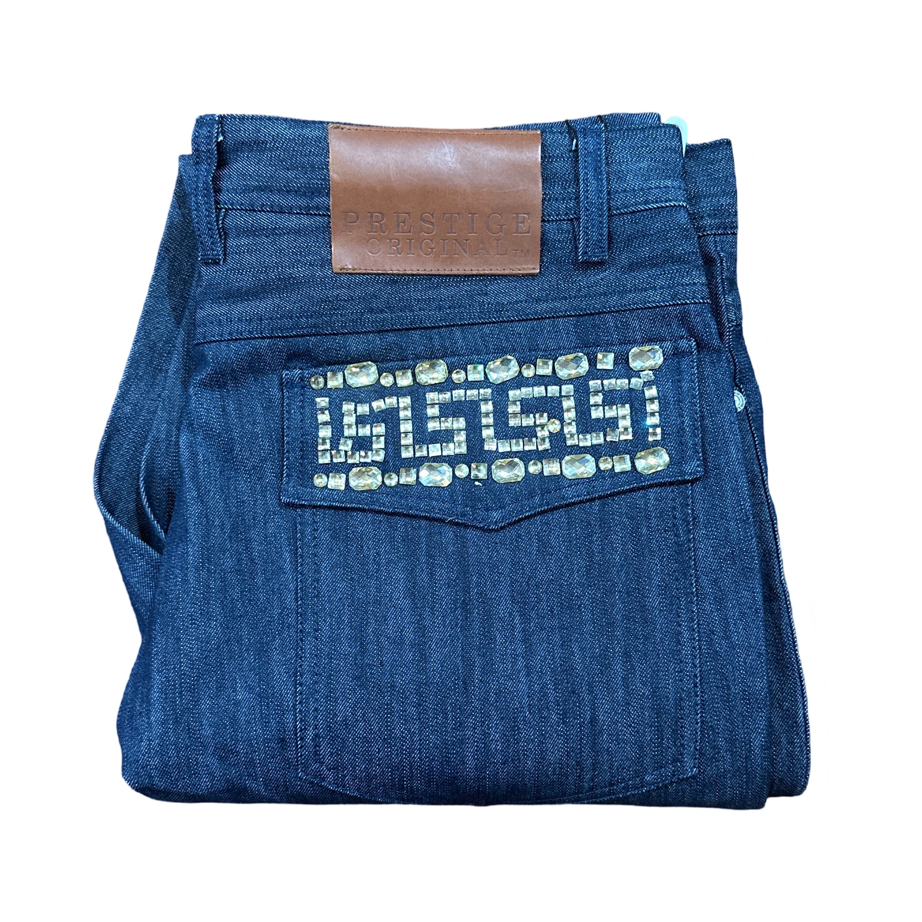 Prestige Denim Blue Greek Key Crystal High End Pants - Dudes Boutique