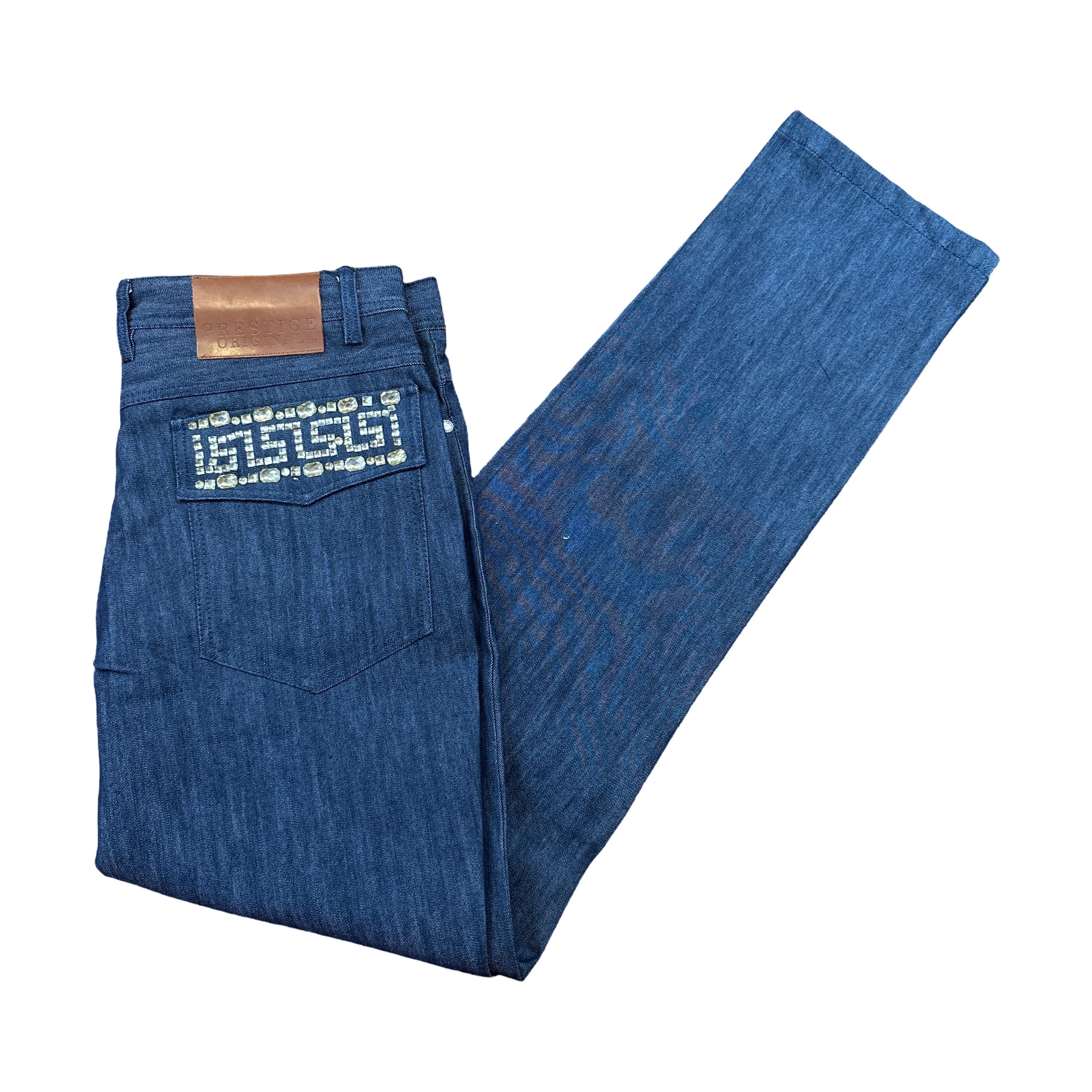 Prestige Denim Blue Greek Key Crystal High End Pants - Dudes Boutique